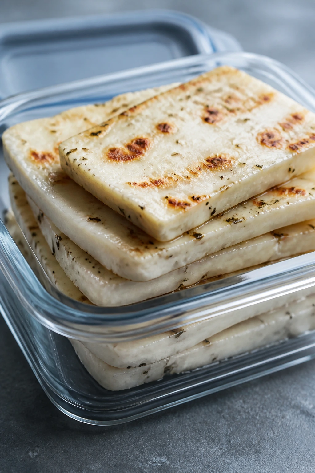 Sliced halloumi stacked in airtight container for leftovers