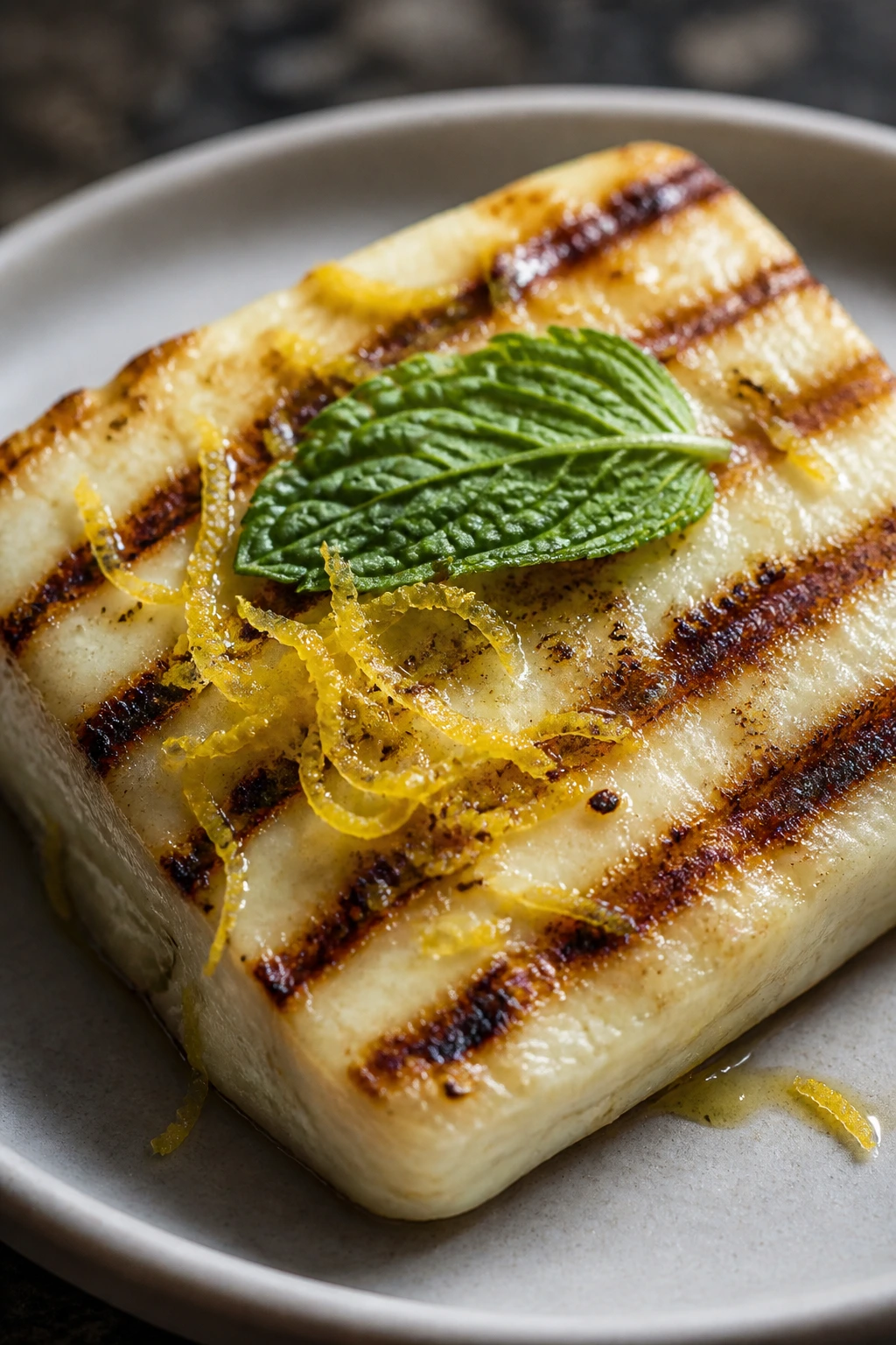 Halloumi with lemon zest and mint leaf on plate
