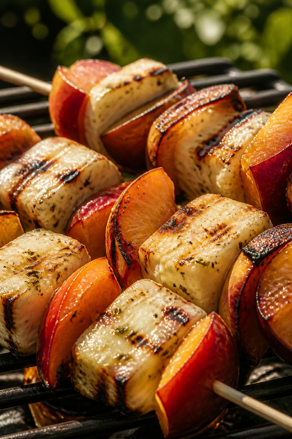 Close-up of grilled halloumi and nectarine skewers on a picnic setting