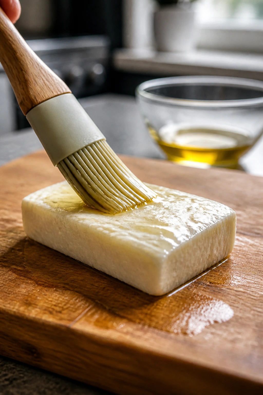 Silicone brush oiling halloumi on cutting board