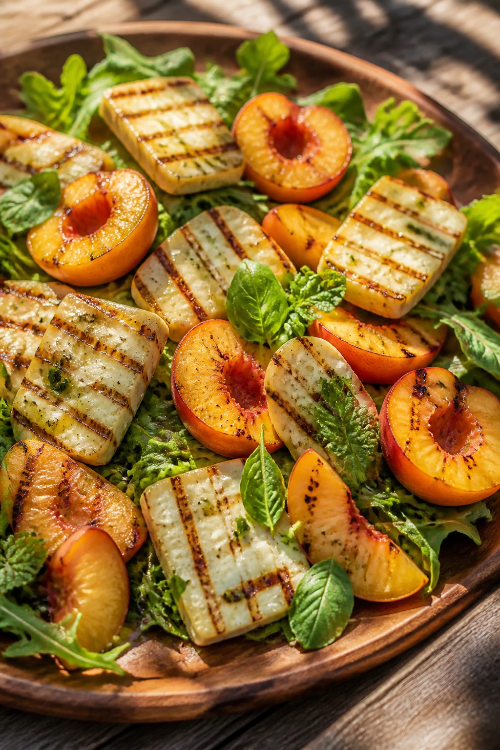 Close-up of grilled halloumi and peach slices on greens