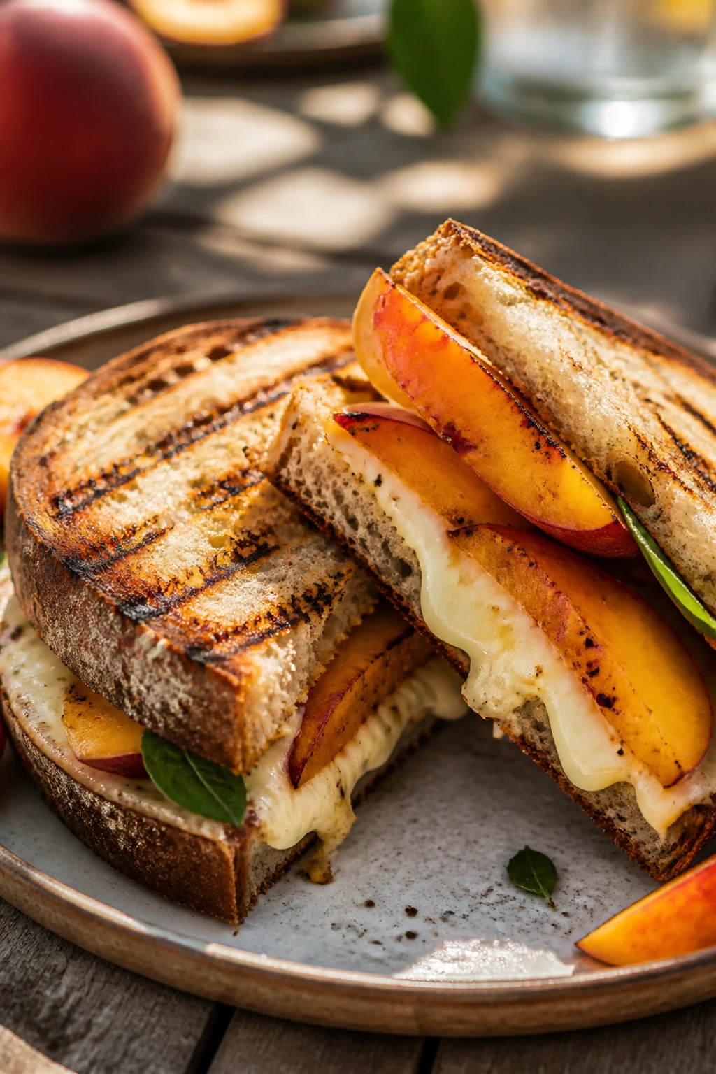 Cross-section of grilled halloumi and peach sandwich showing cheese and peaches