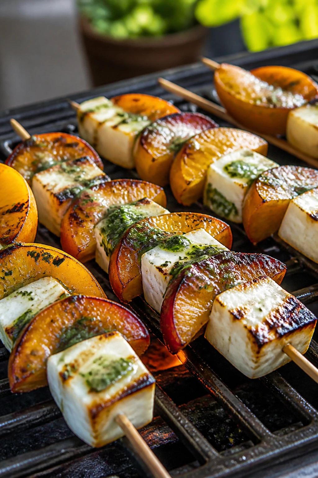 Halloumi and peach skewers grilling with basil honey.