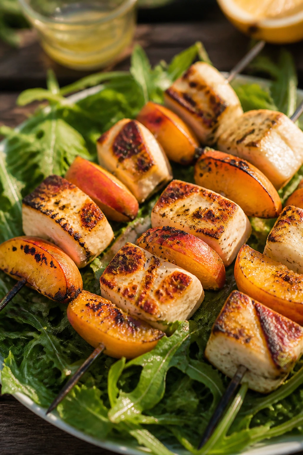 Close-up of halloumi and peach skewers over arugula
