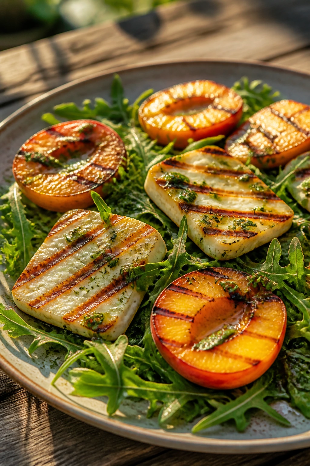 Close-up of halloumi and peach salad on rustic plate