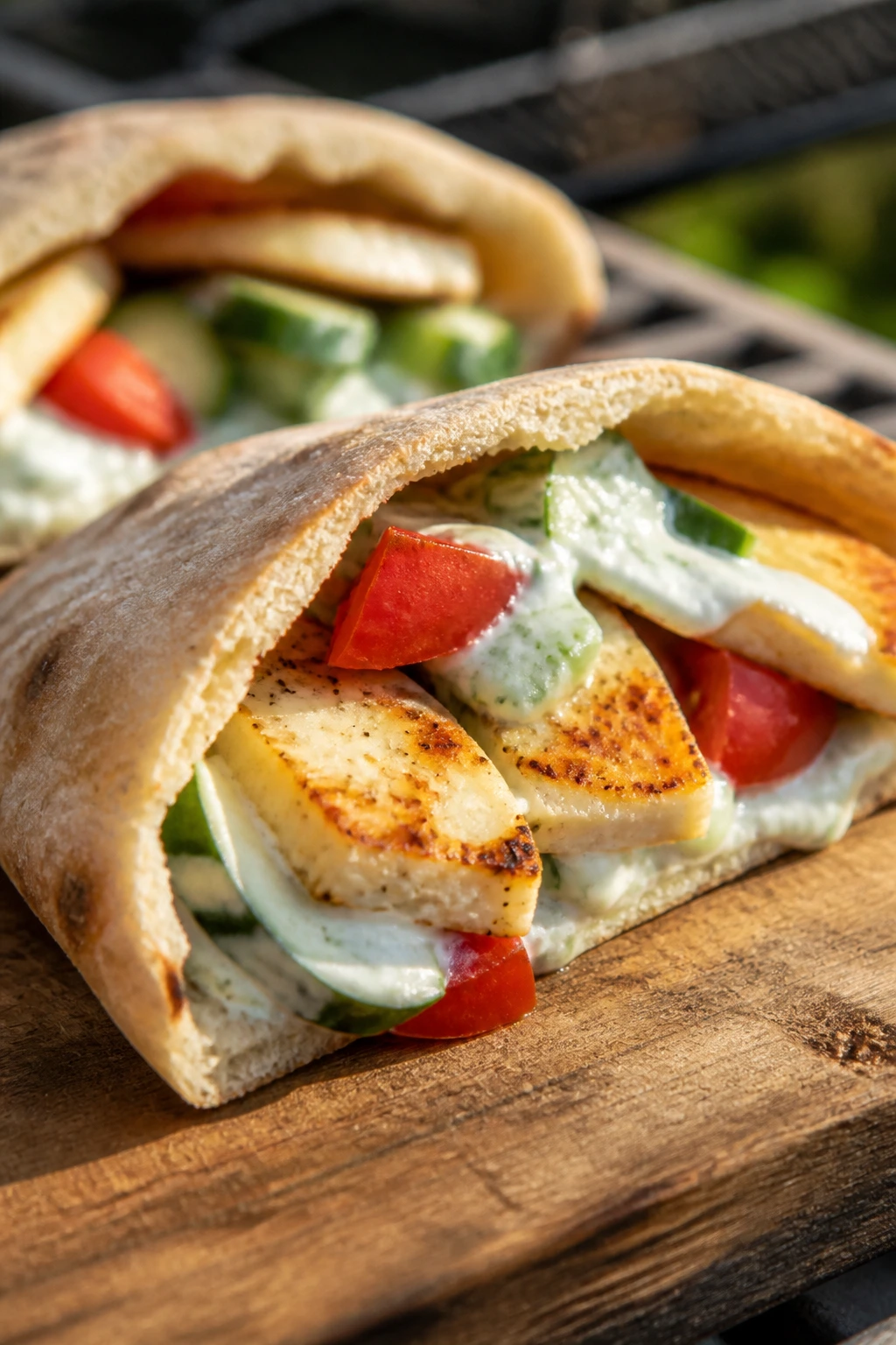Close-up of a pita stuffed with halloumi and cucumber yogurt