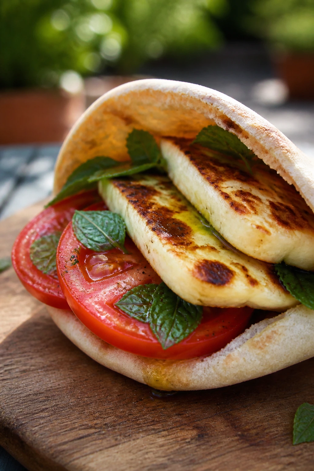 Halloumi tomato mint pita pocket close-up outdoors