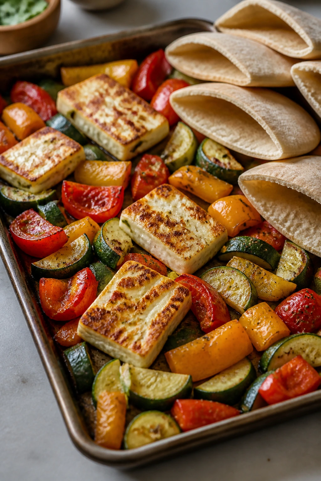 Roasted halloumi and vegetables on sheet pan for pita