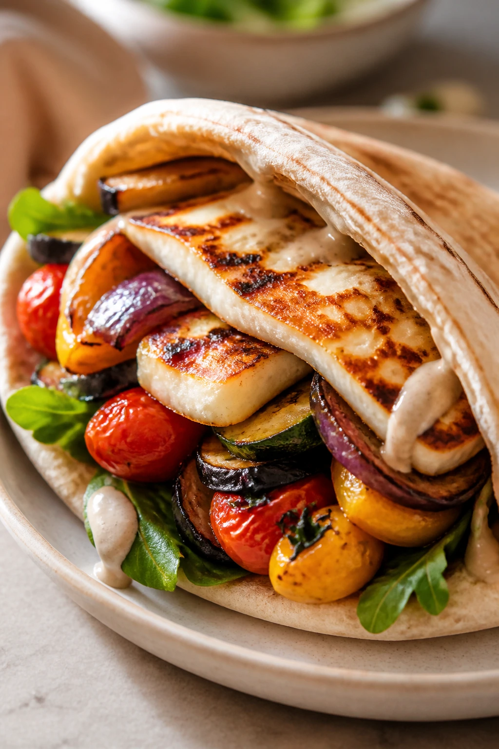 Close-up of halloumi and roasted vegetables stuffed in a pita with tahini.