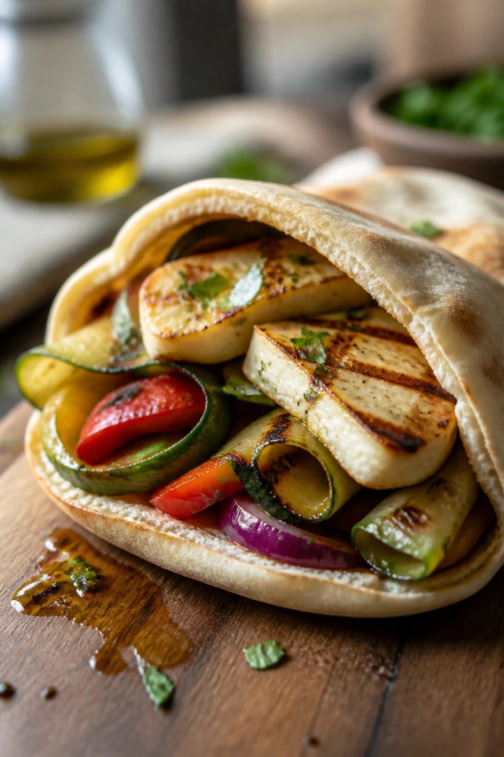 Close-up of halloumi stuffed pita pockets with grilled vegetables