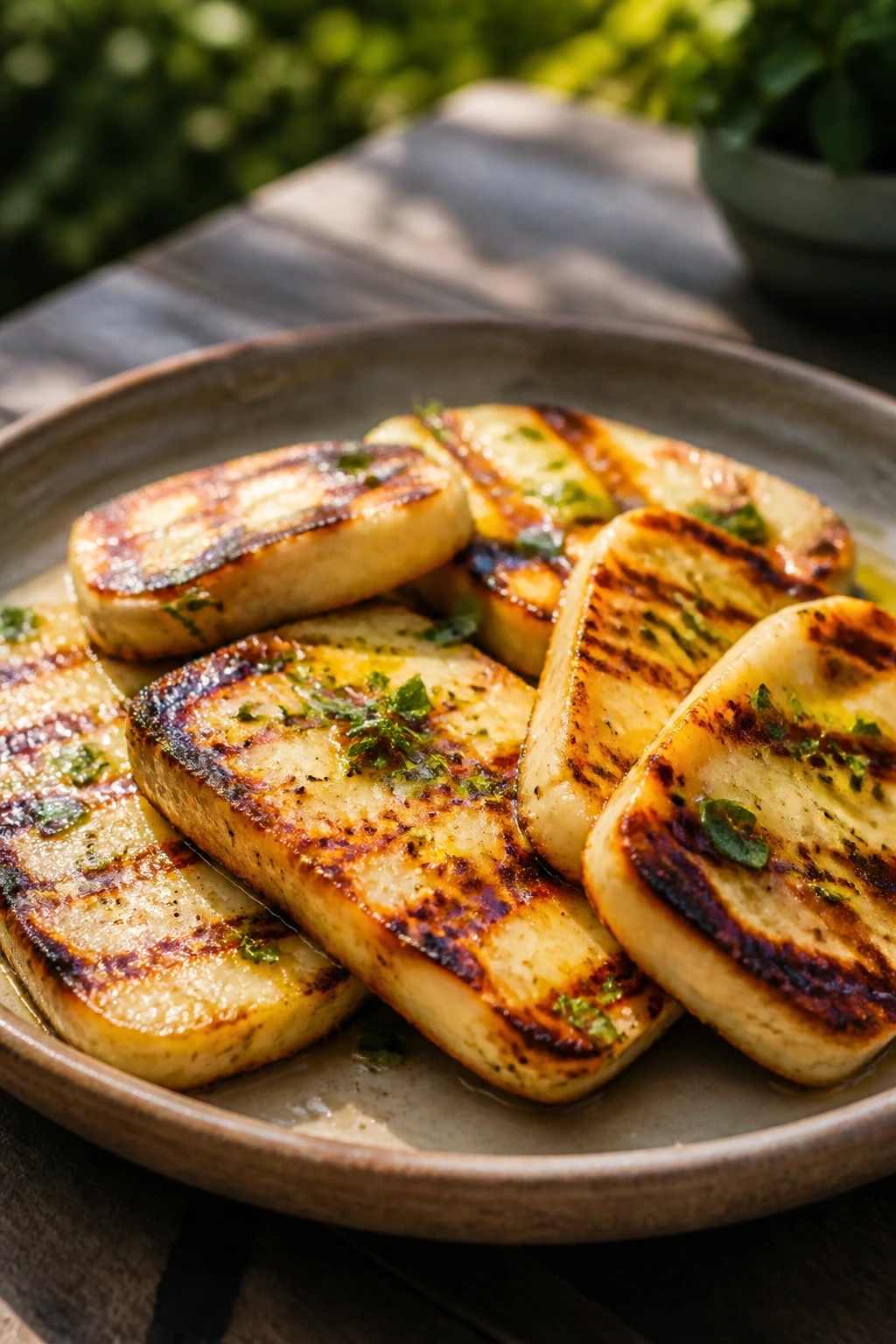 Close-up of bronzed halloumi slices on a rustic plate in a backyard setting