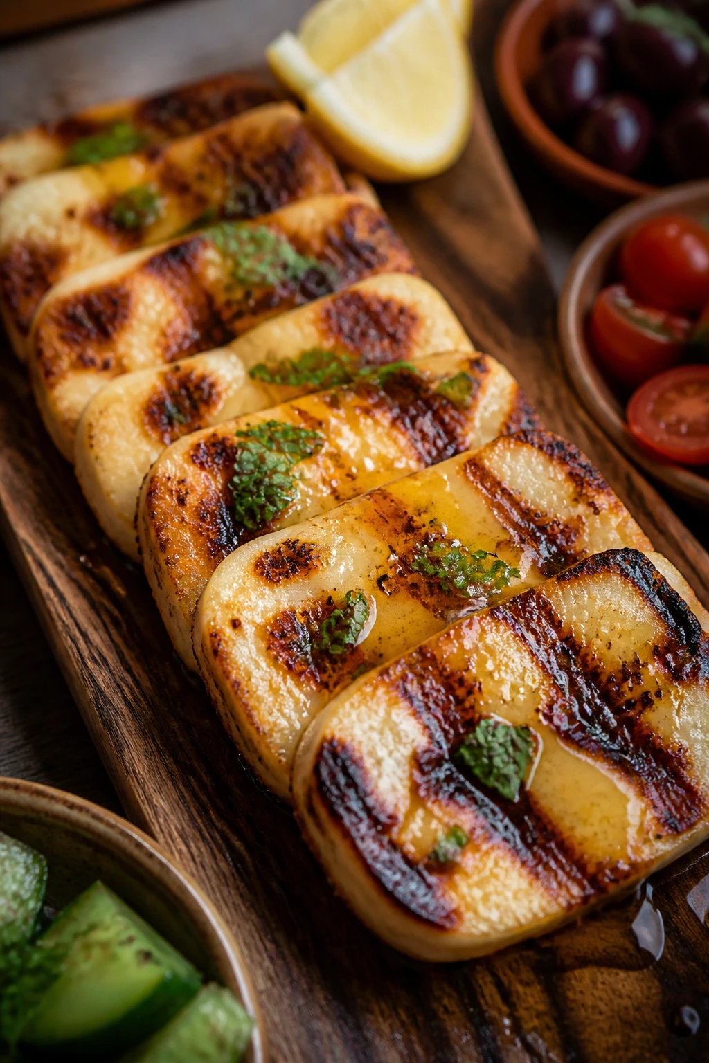 Halloumi slabs on a platter with lemon-honey glaze