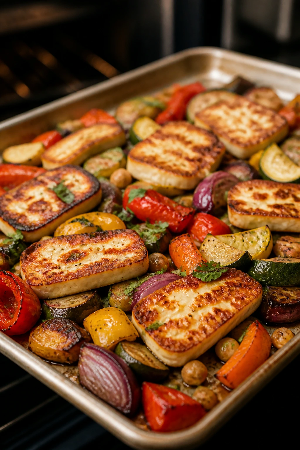 Sheet pan with halloumi and roasted vegetables on a kitchen counter