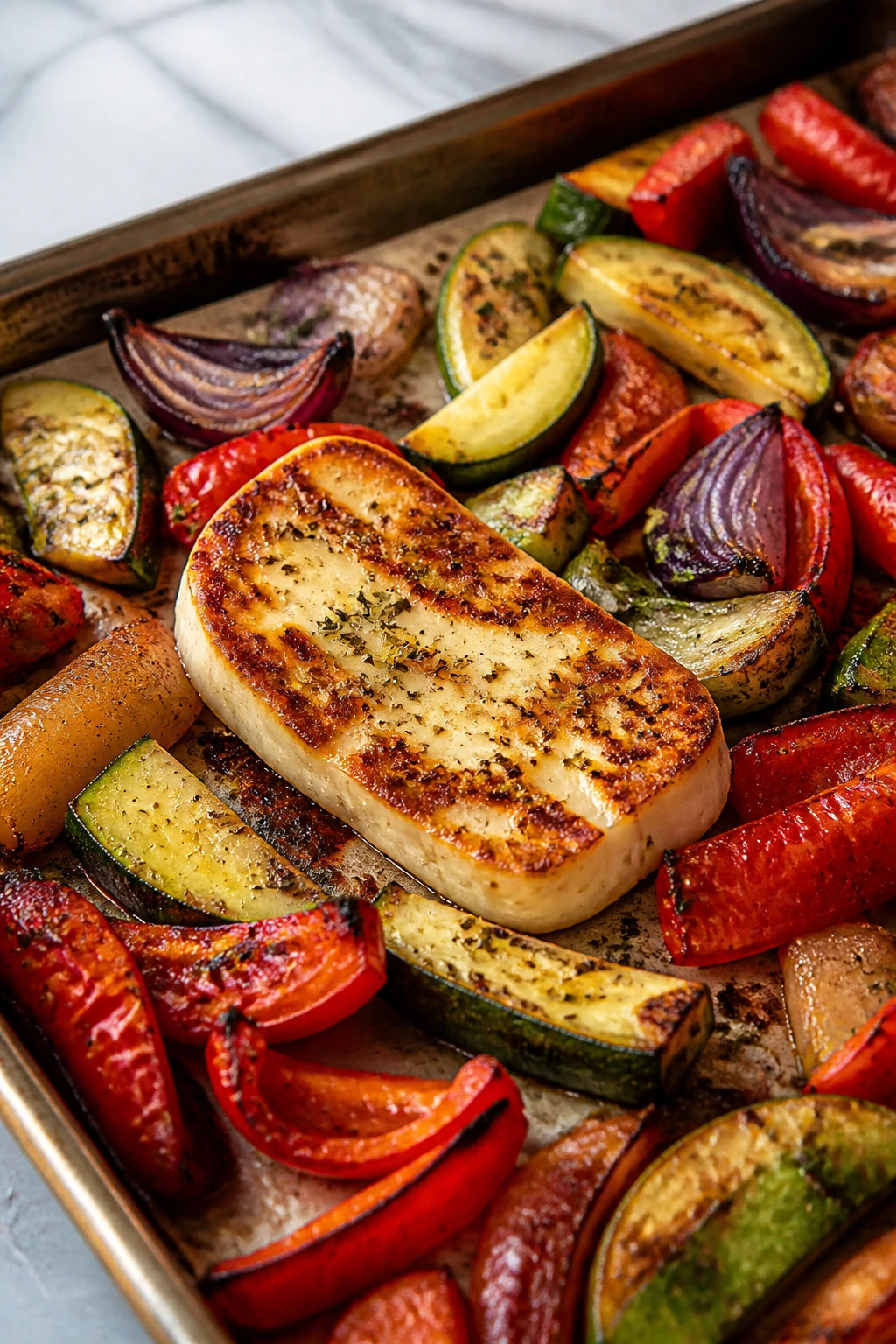 Close-up of halloumi on a sheet pan with roasted vegetables