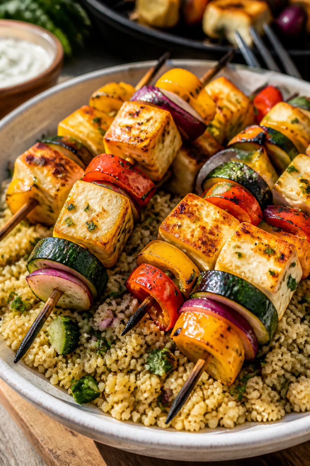 Close-up of halloumi and veggie skewers over couscous on a plate