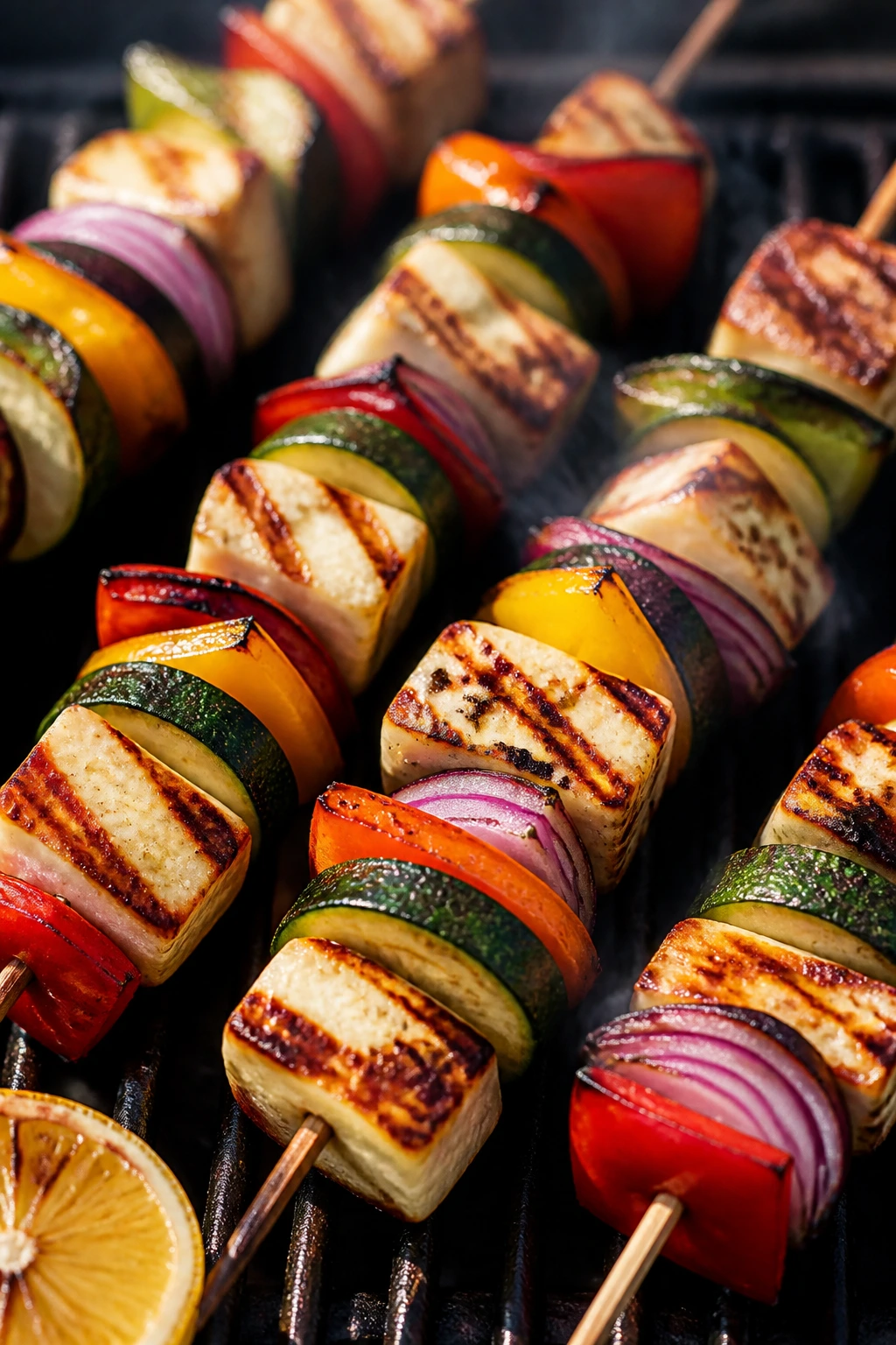 Close-up of grilled halloumi skewers with vegetables on a grill