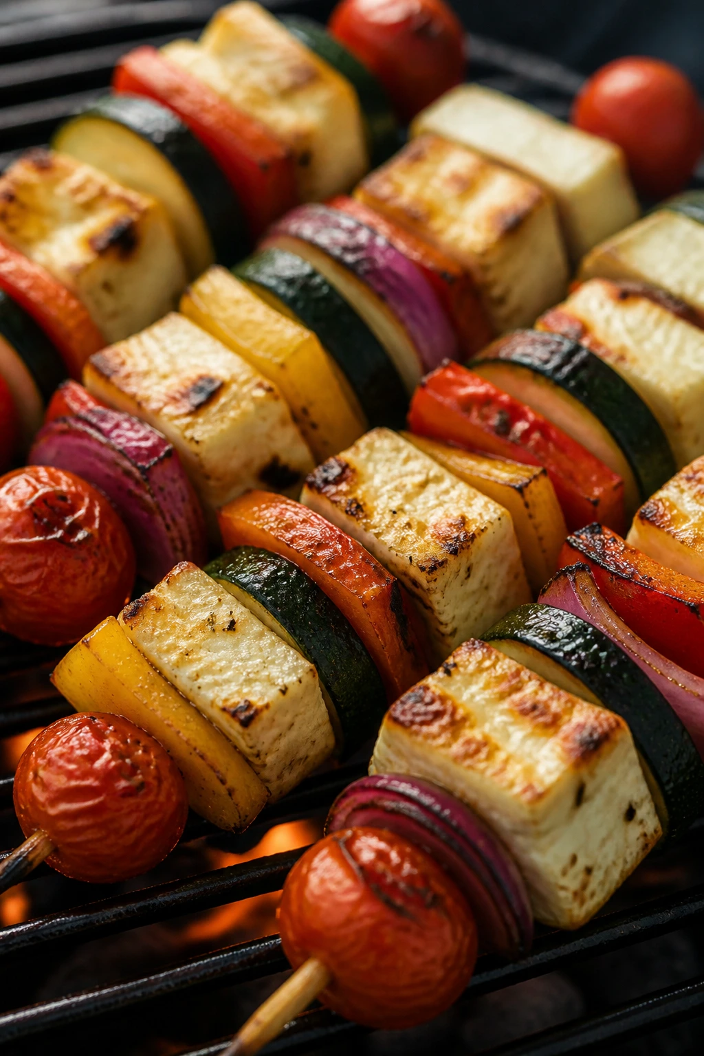 Close-up of halloumi and vegetable skewers with grill marks