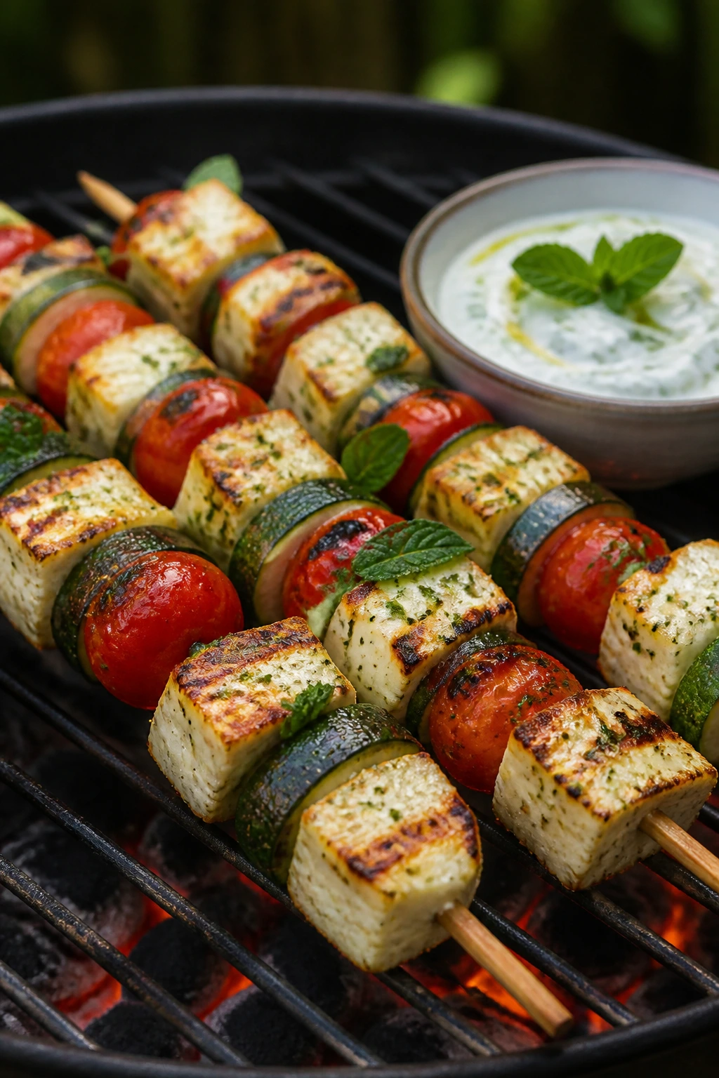 Close-up of halloumi and zucchini skewers with mint yogurt on a grill
