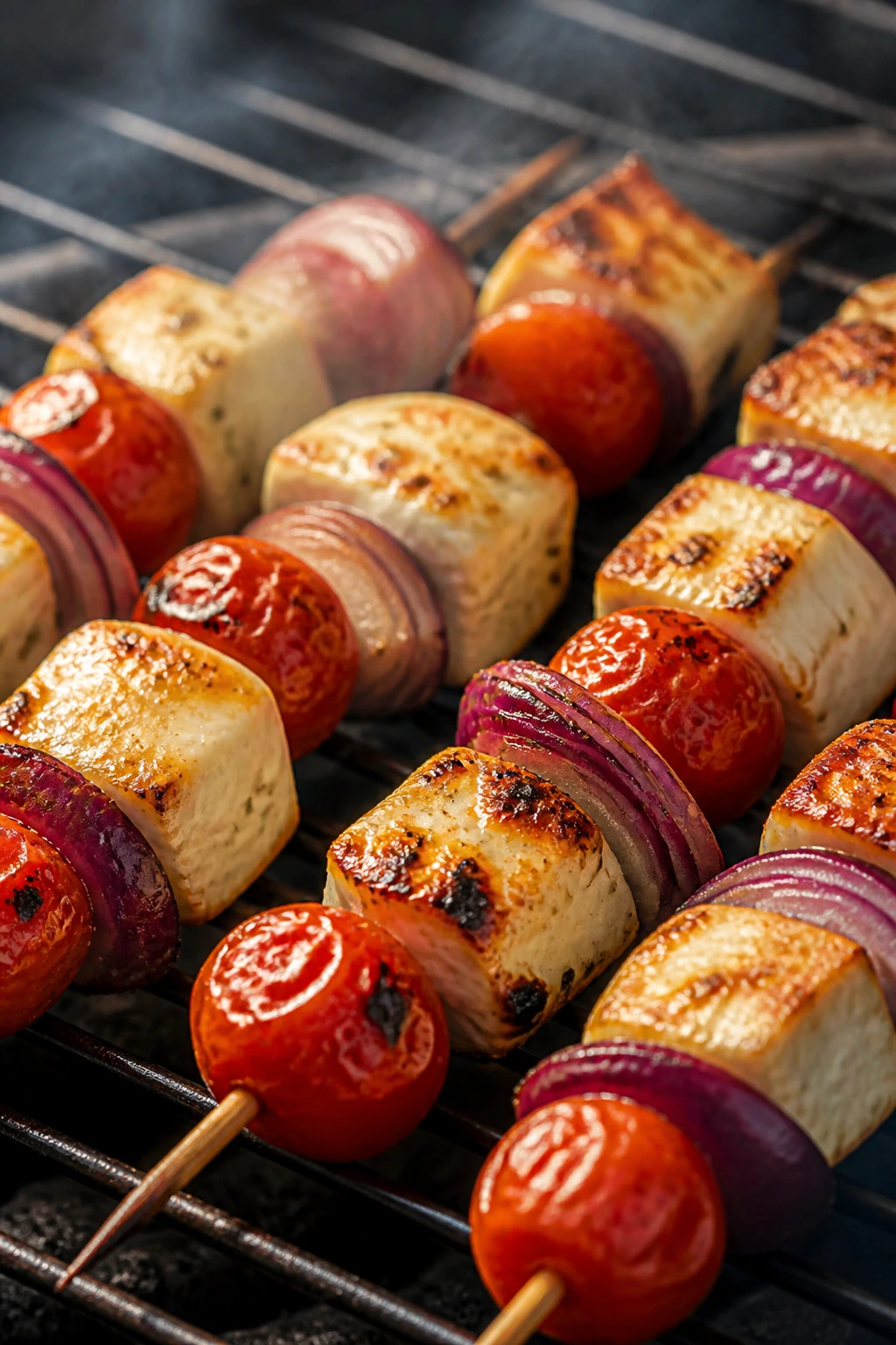 Halloumi skewers with tomatoes and onions on grill