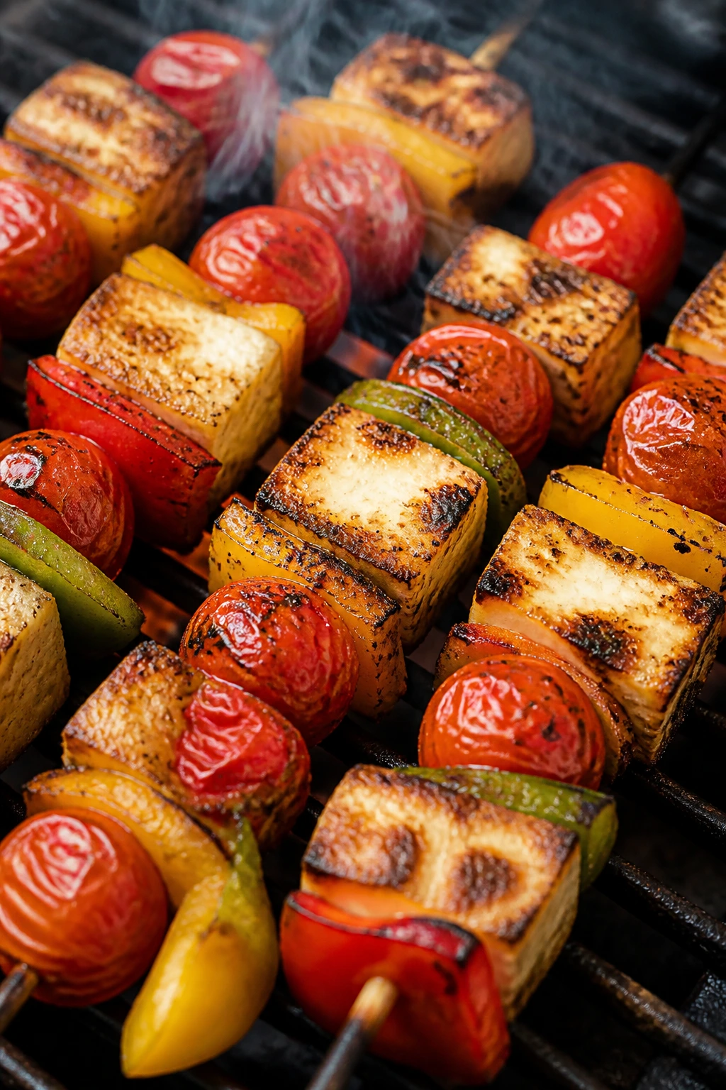 Close-up of halloumi and vegetables skewers grilled to perfection