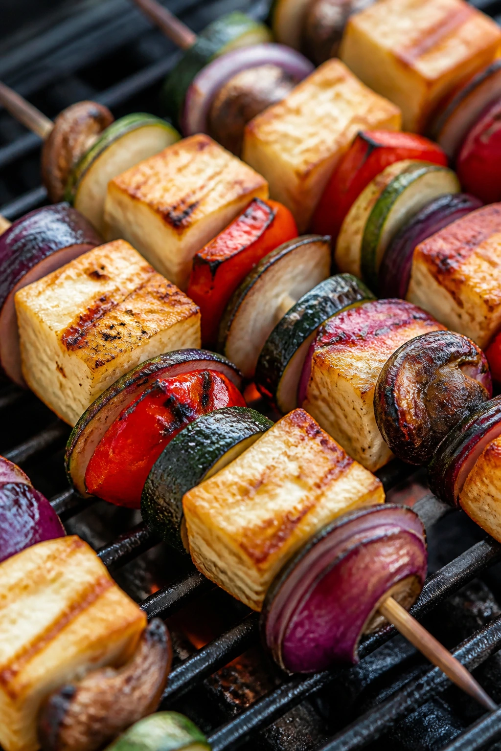 Halloumi and vegetable skewers on grill