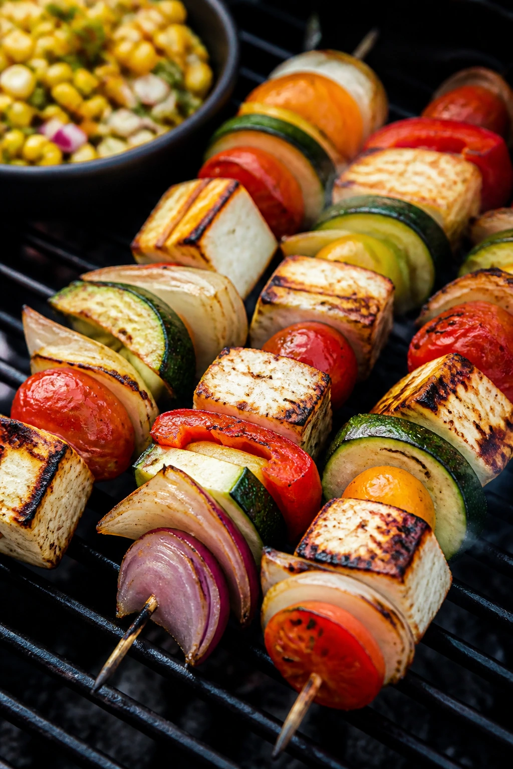 Halloumi skewers with vegetables grilling on outdoor grill