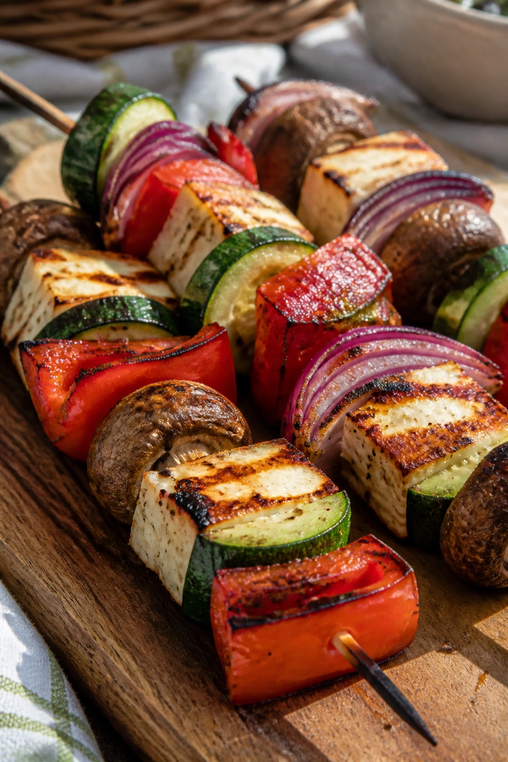 Halloumi skewers with vegetables grilled on a wooden board outside
