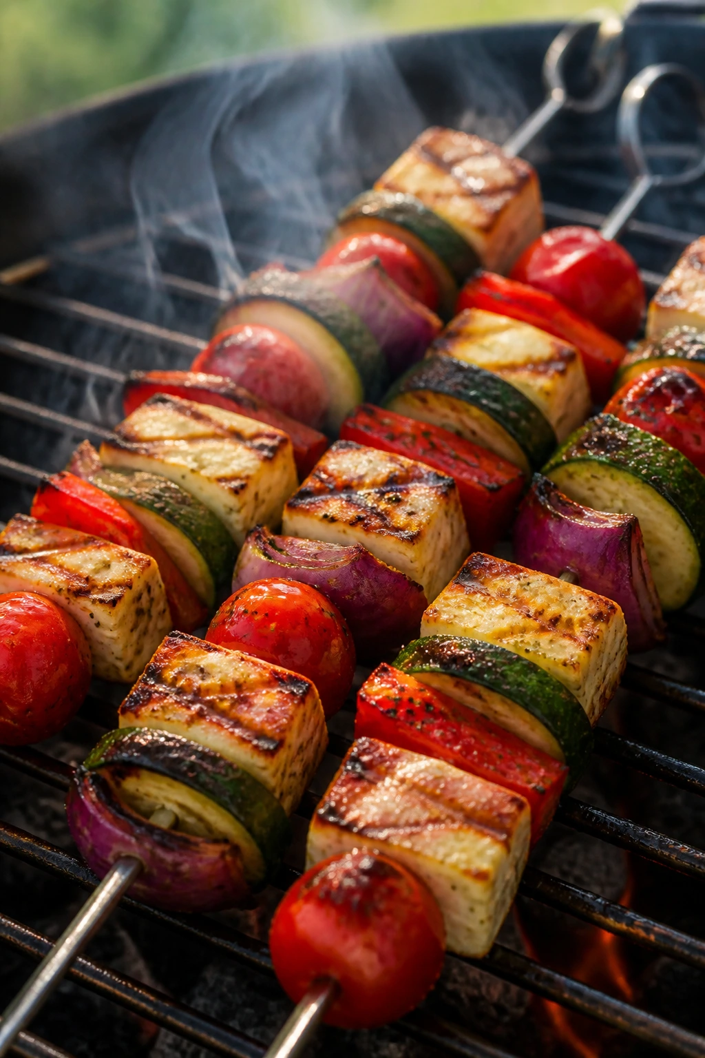 Skewers of halloumi and vegetables grilling on a barbecue.