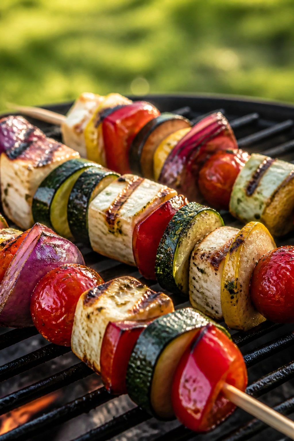 Close-up of halloumi and summer vegetable skewers on grill outdoors