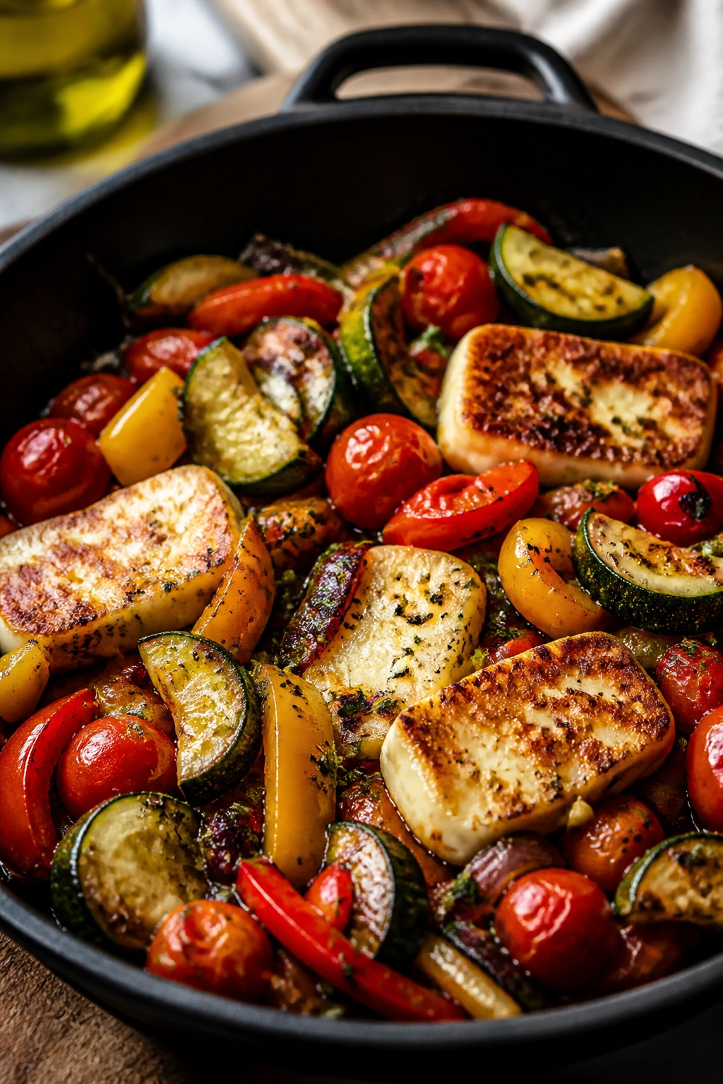 Skillet with halloumi and vegetables frying on the stove