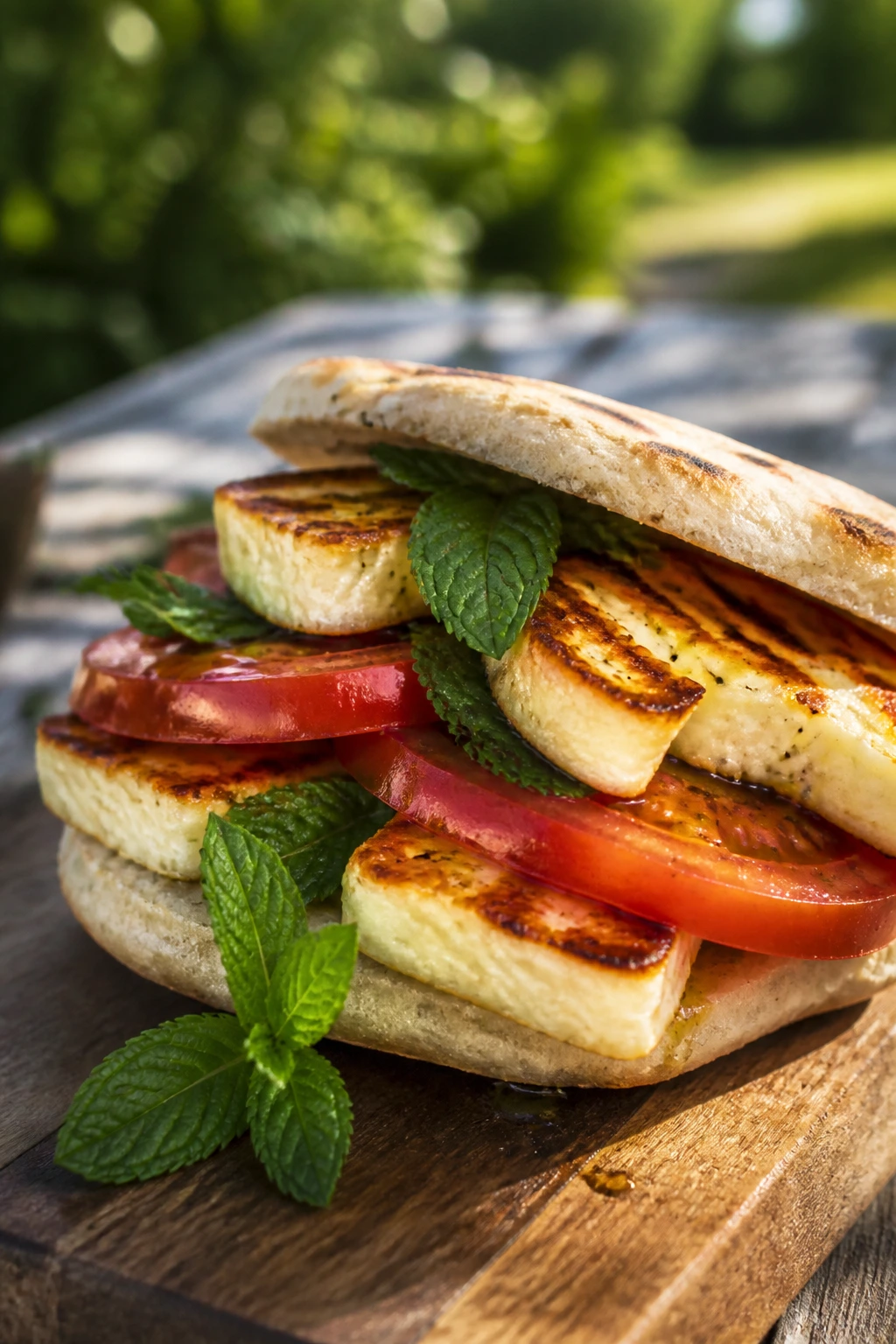 Close-up of Grilled Halloumi, Tomato, and Mint sandwich outdoors
