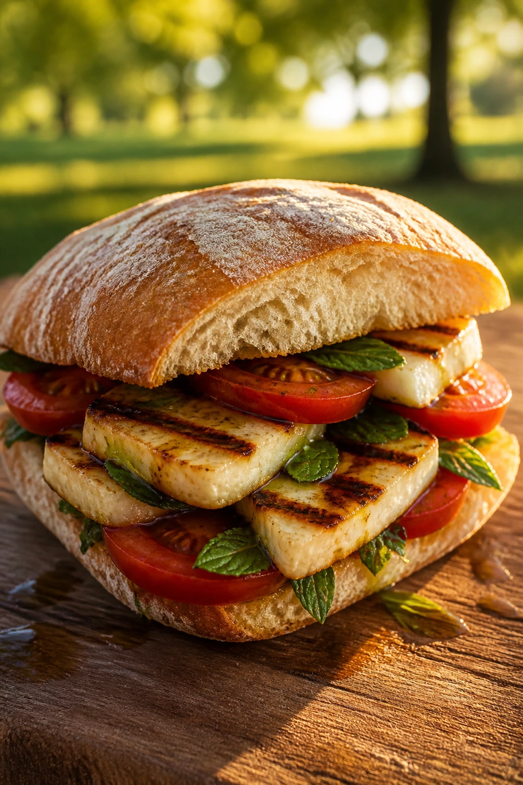 Close-up of Grilled Halloumi and Tomato Sandwich outdoors