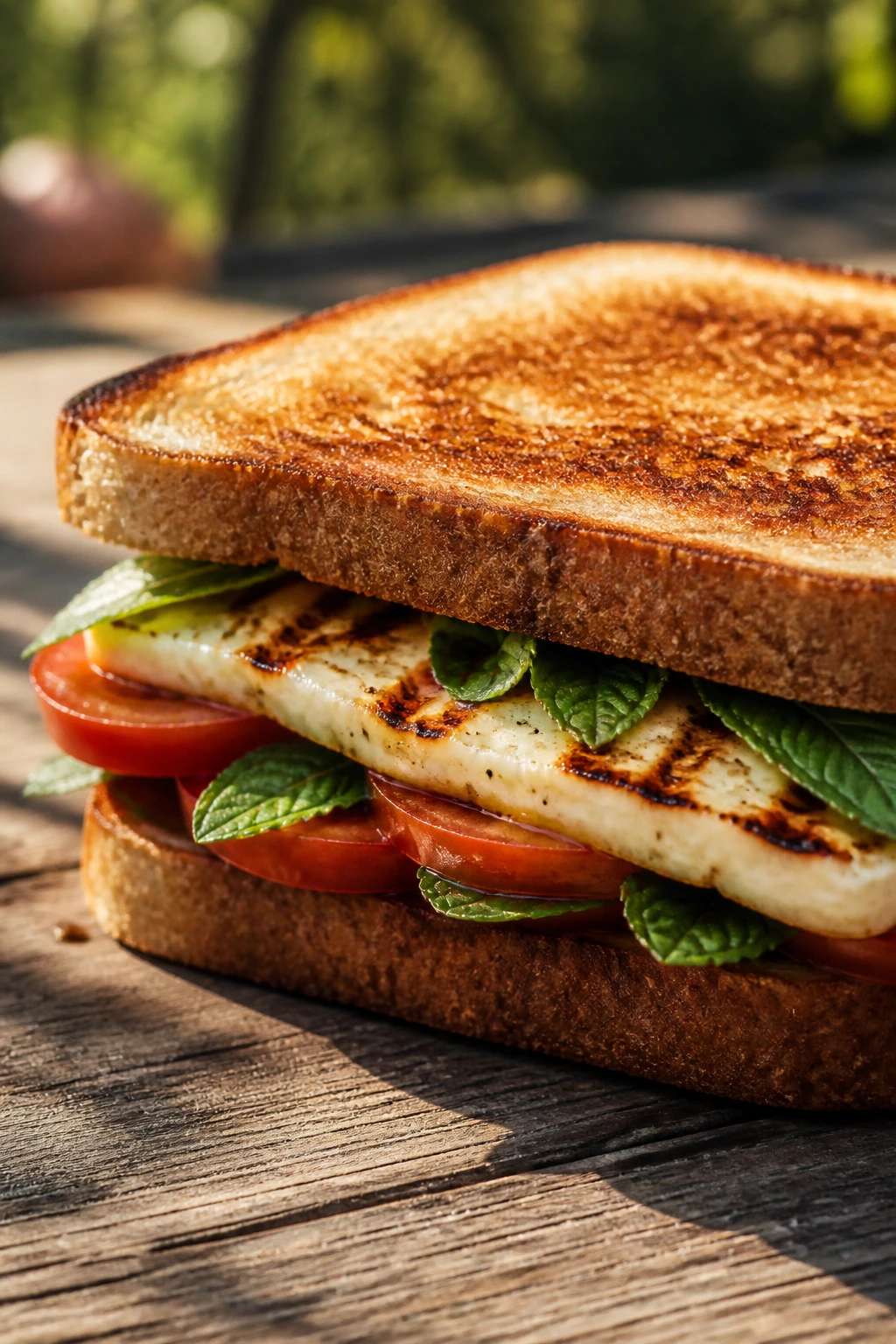 Grilled halloumi and tomato sandwich outdoors on toasted bread