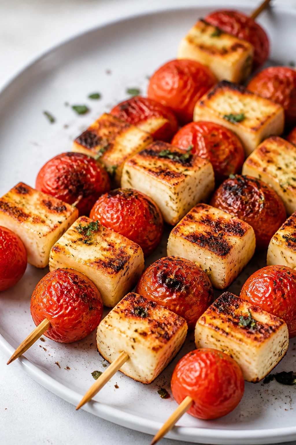 Skewers of halloumi and cherry tomatoes on a plate