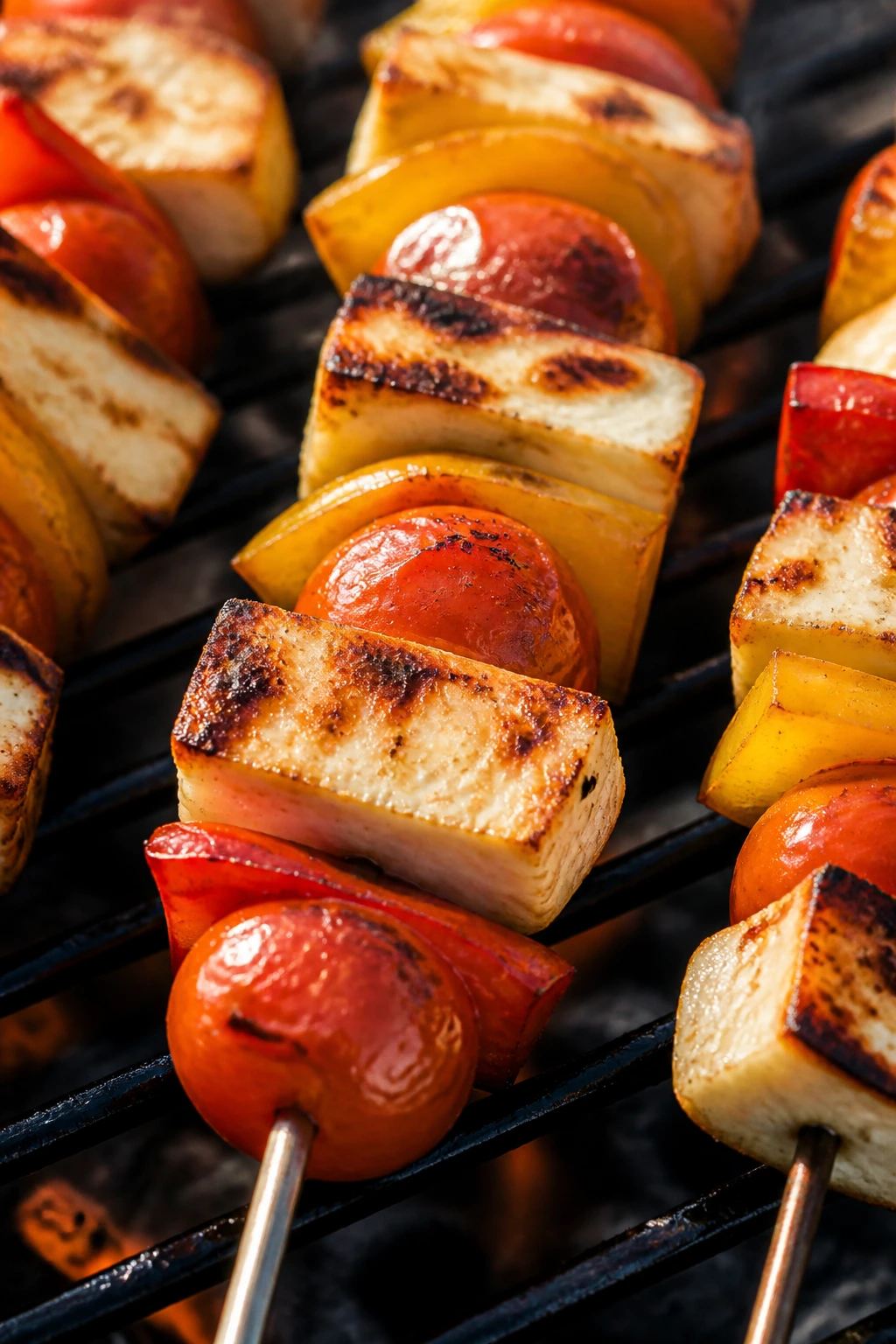 Close-up of halloumi, cherry tomato, and bell pepper skewer on a grill.