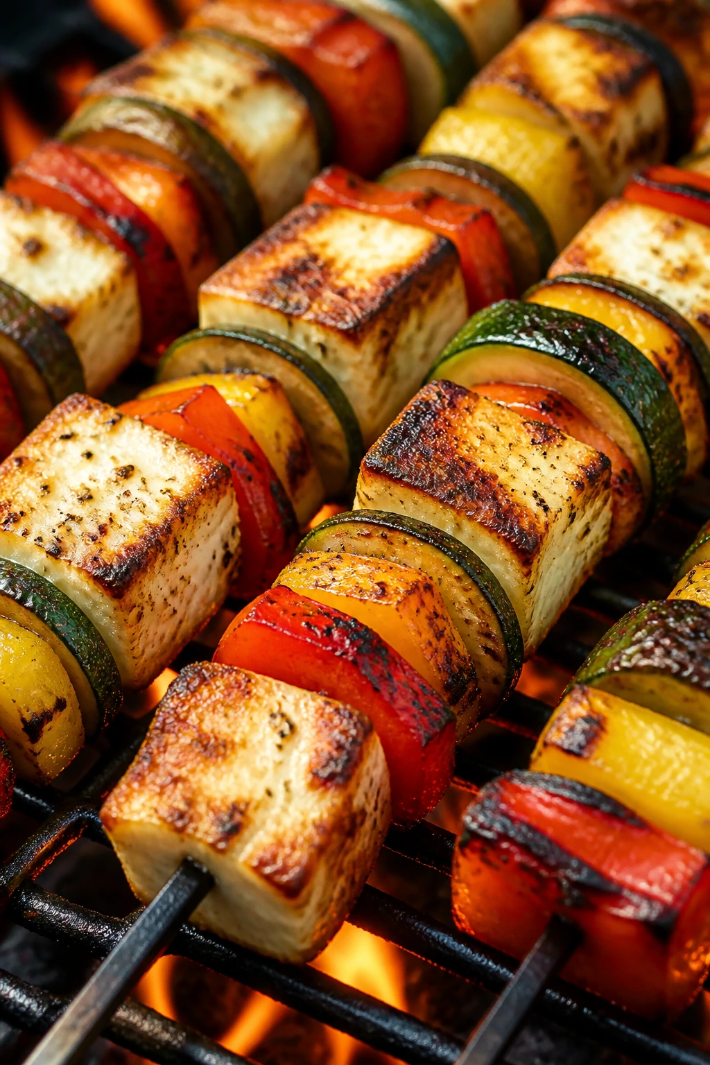 Halloumi vegetable kebabs on skewers grilling