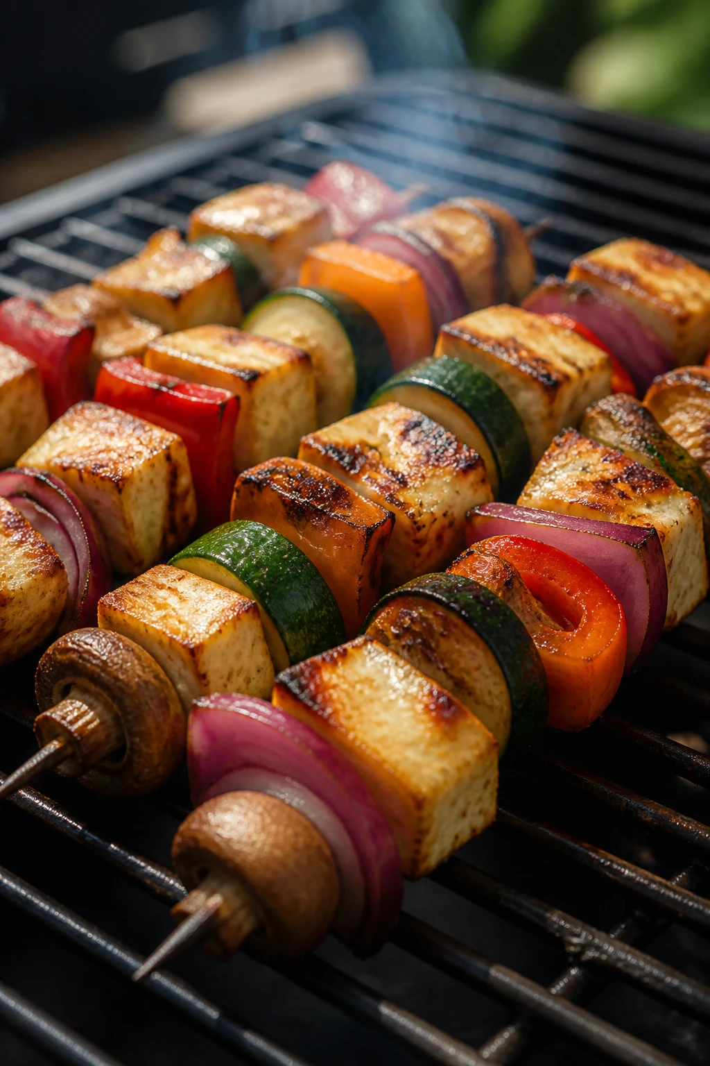 Close-up of halloumi and vegetable skewers on a grill