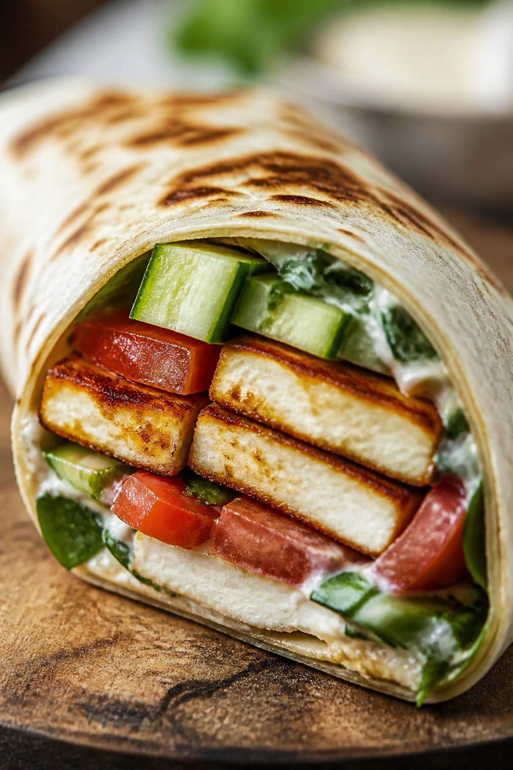 Close-up of Crispy Halloumi, Tomato, and Cucumber Wraps on a wooden board.