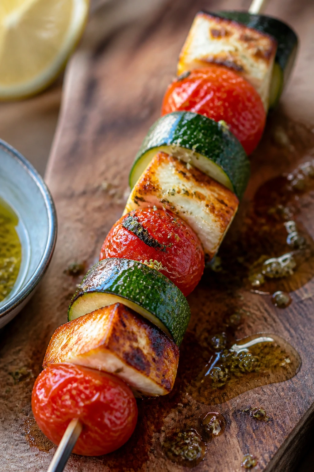 Close-up of halloumi zucchini and cherry tomato skewer on wooden board