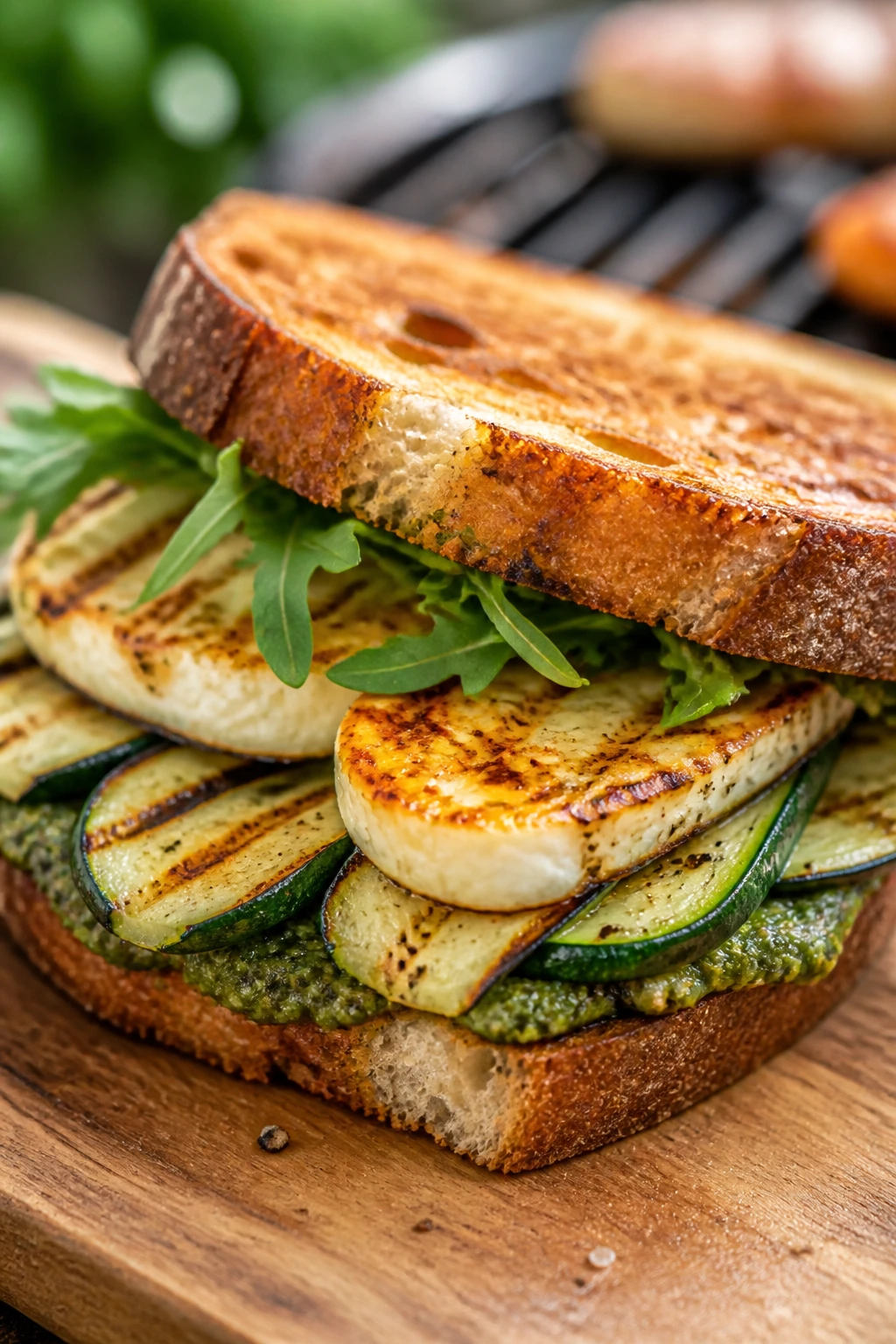 Close-up of grilled halloumi and zucchini sandwich with pesto