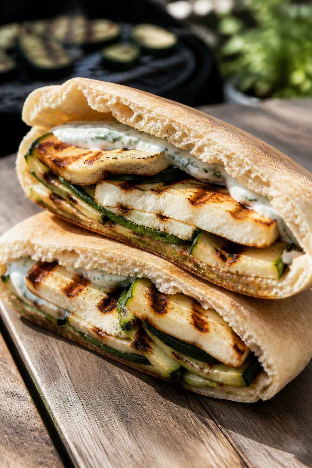 Close-up of grilled halloumi zucchini pita half on outdoor table