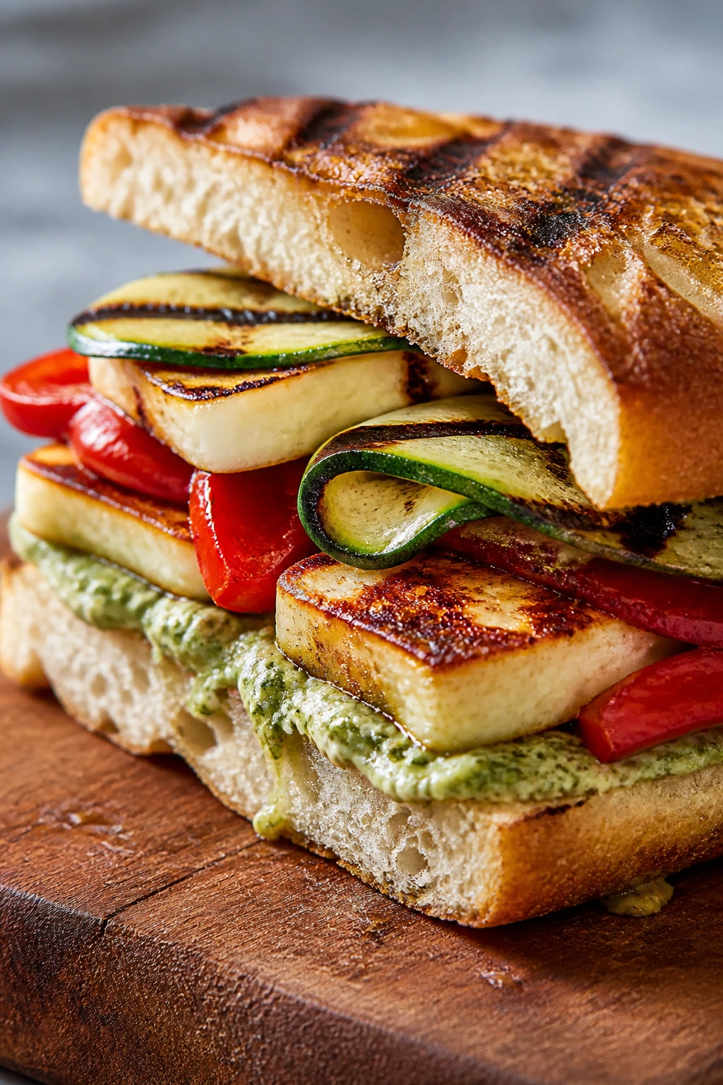 Halloumi sandwich with zucchini and roasted red pepper on ciabatta