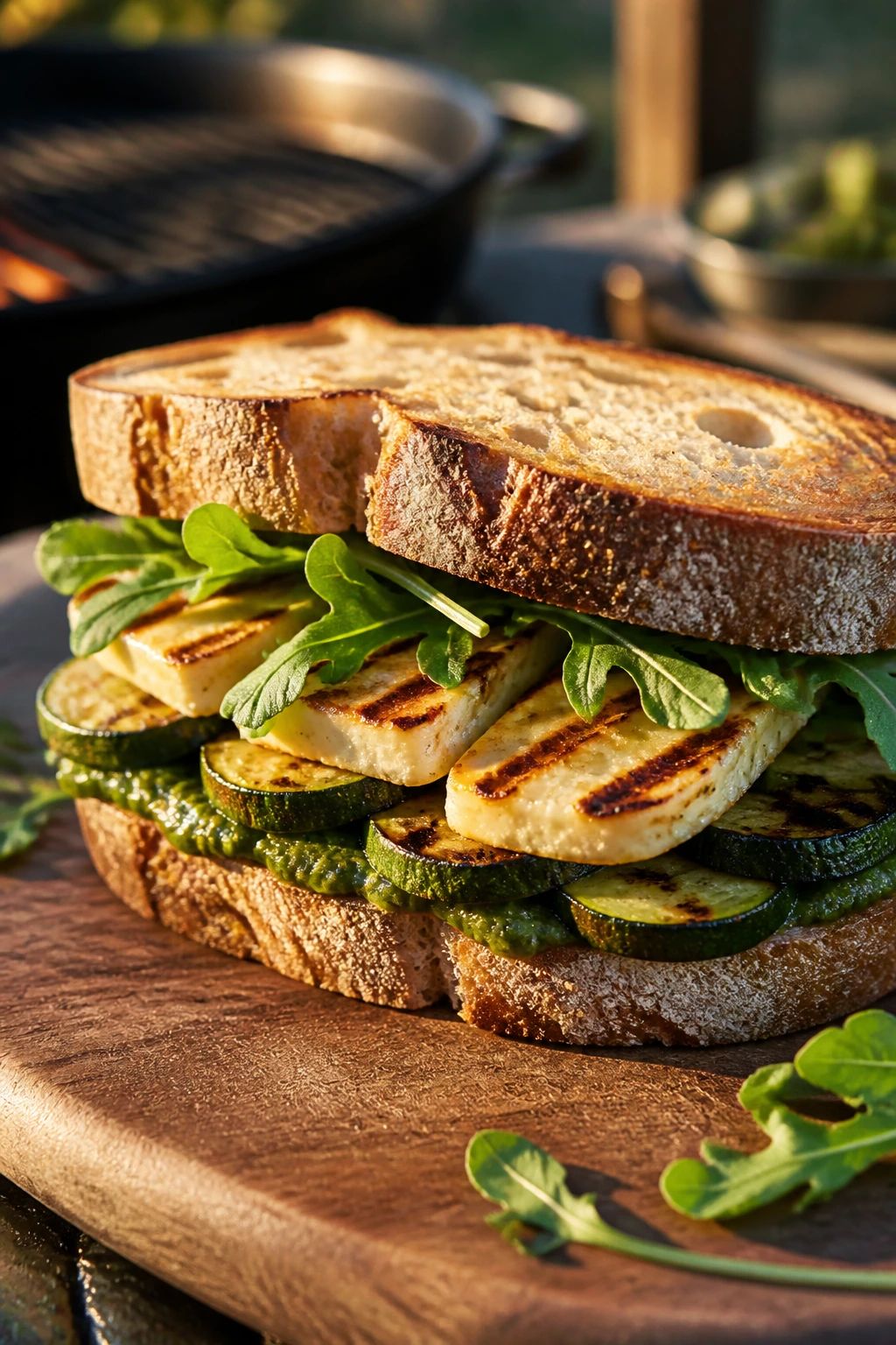 Close-up of halloumi and zucchini sandwich with pesto on rustic bread outdoors.
