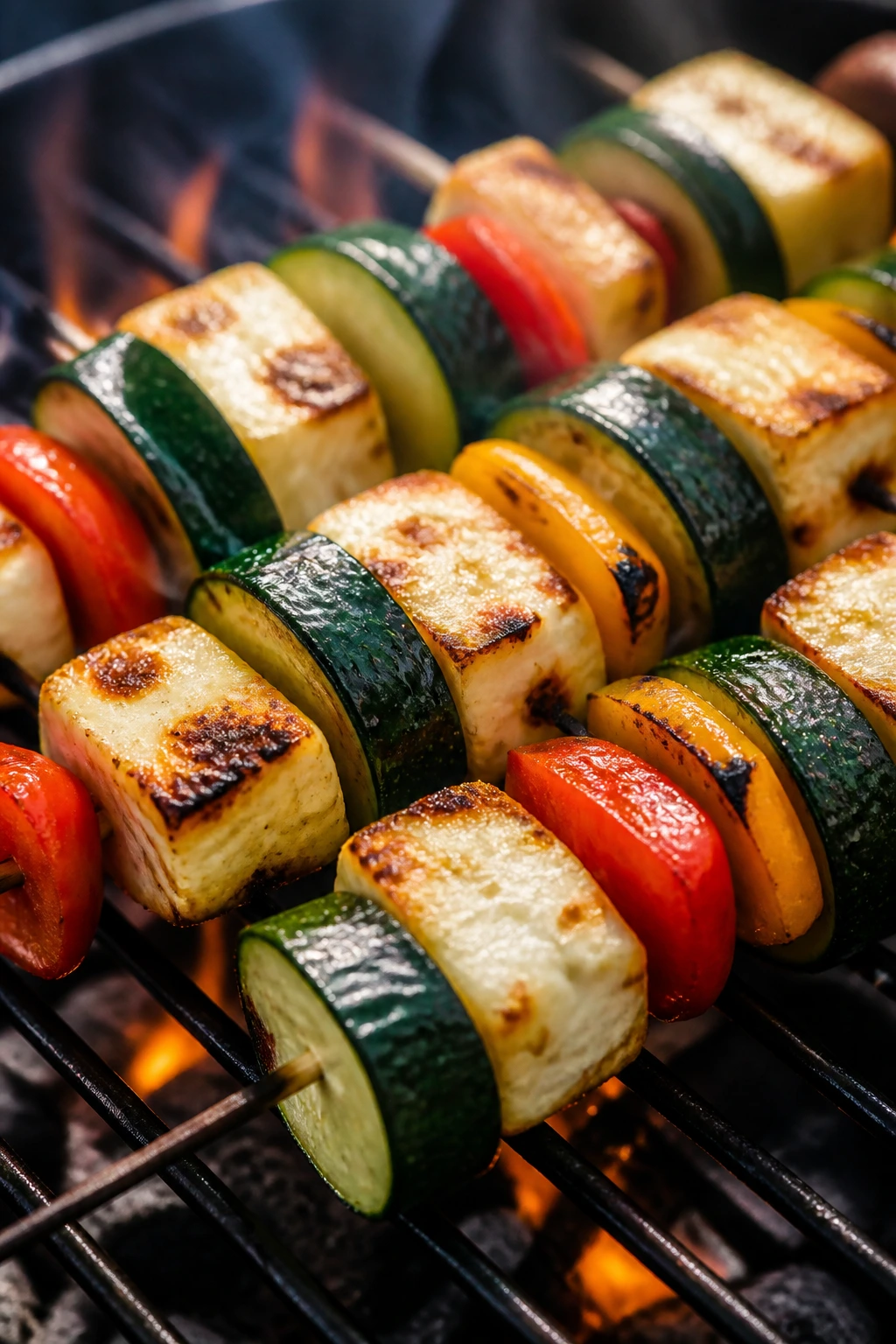 Close-up of halloumi and zucchini skewers on a grill