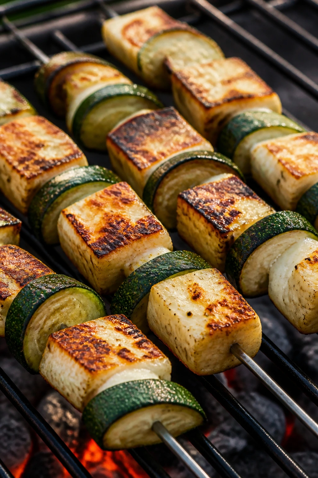 Close-up of halloumi and zucchini skewers grilling with browning edges