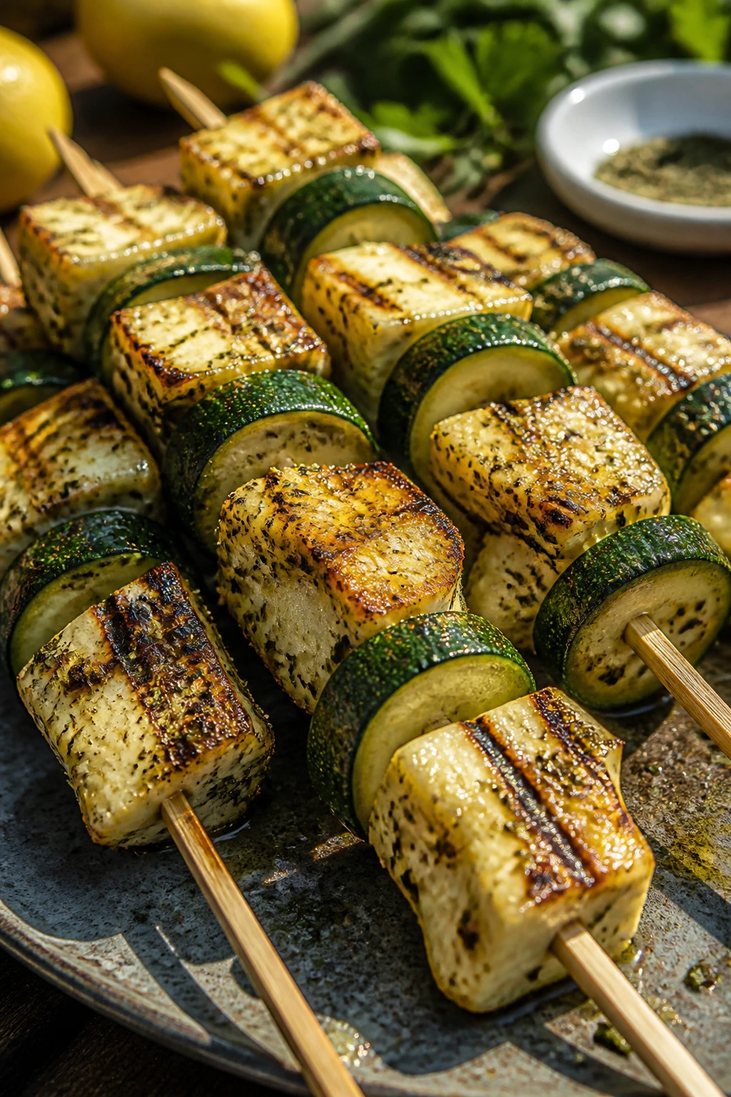 Close-up of grilled halloumi and zucchini skewers on an outdoor grill