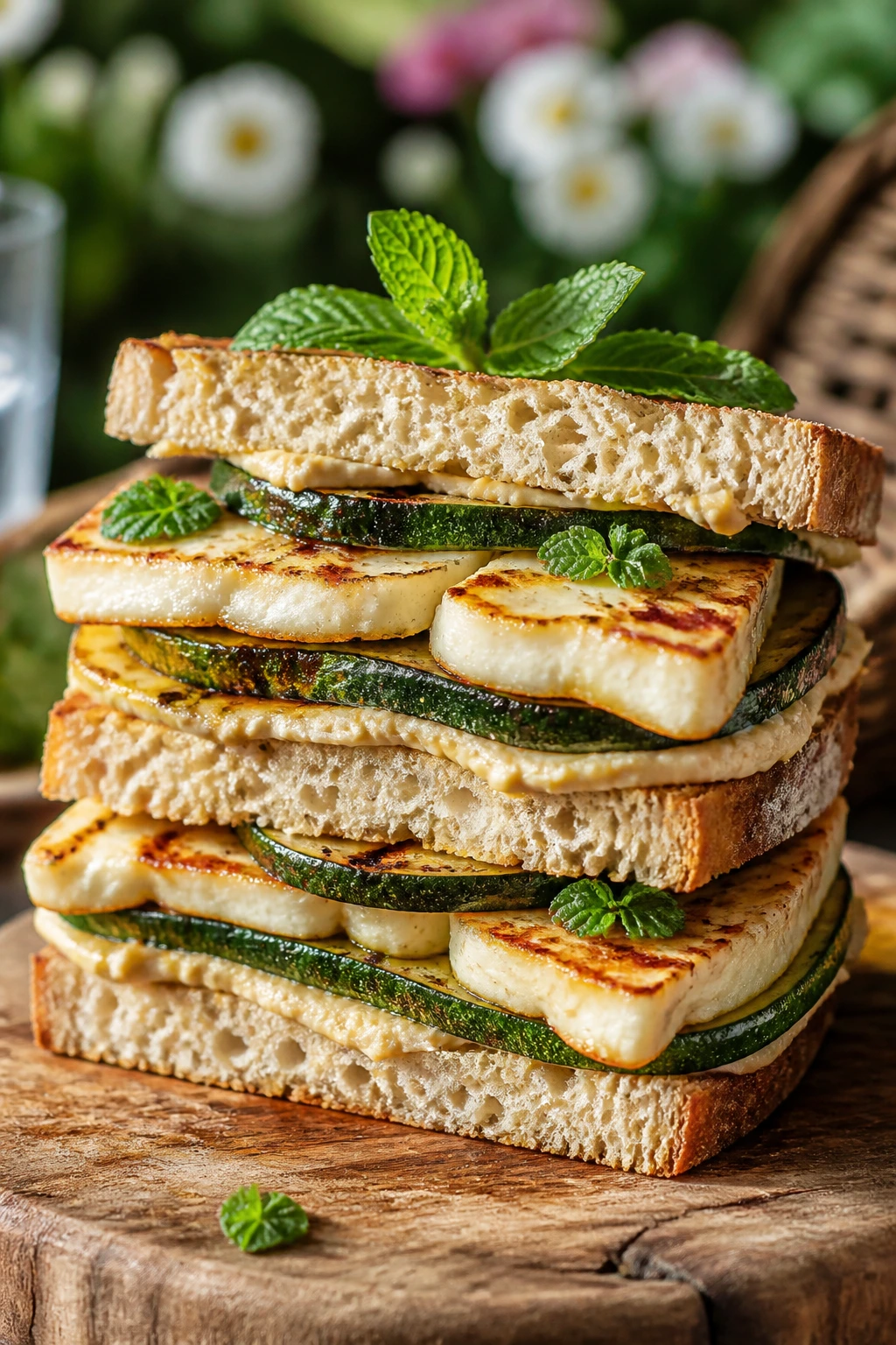 Stacked halloumi and grilled zucchini sandwich on rustic board