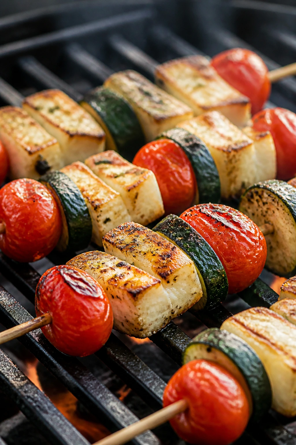 Halloumi and veggie skewers grilling with golden stripes
