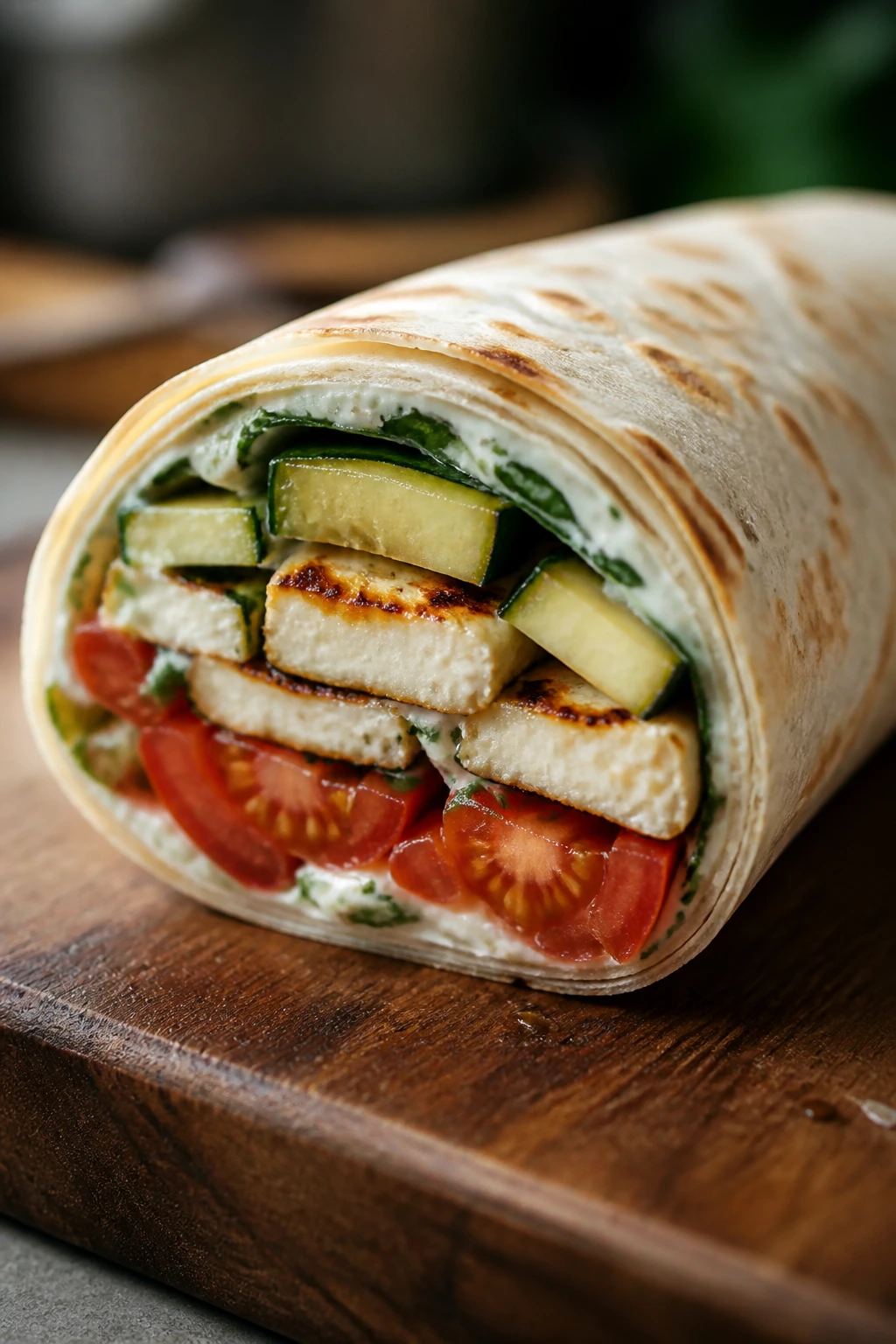 Cross-section of Halloumi Zucchini Tomato Wrap with halloumi and veggies