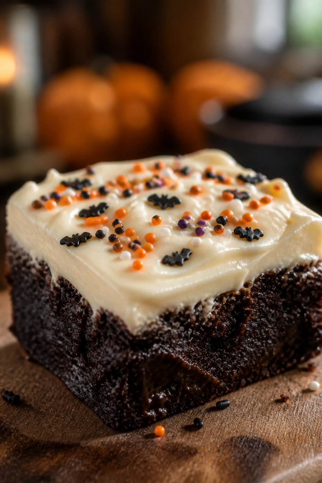 Close-up of a rich brownie with glossy cream cheese frosting and Halloween sprinkles